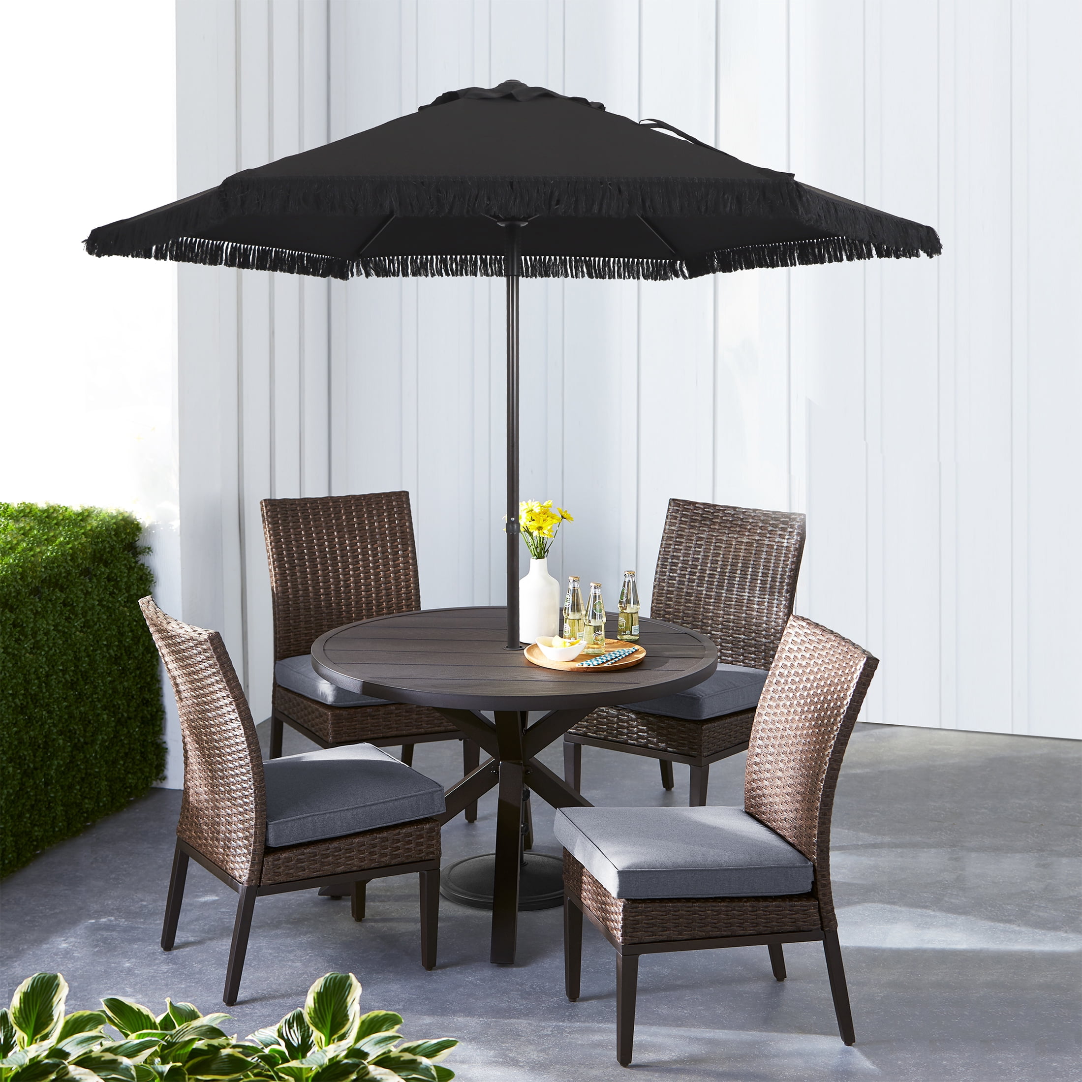 Better Homes & Gardens 7.5" Black Solid Print Round Fringe Patio Umbrella