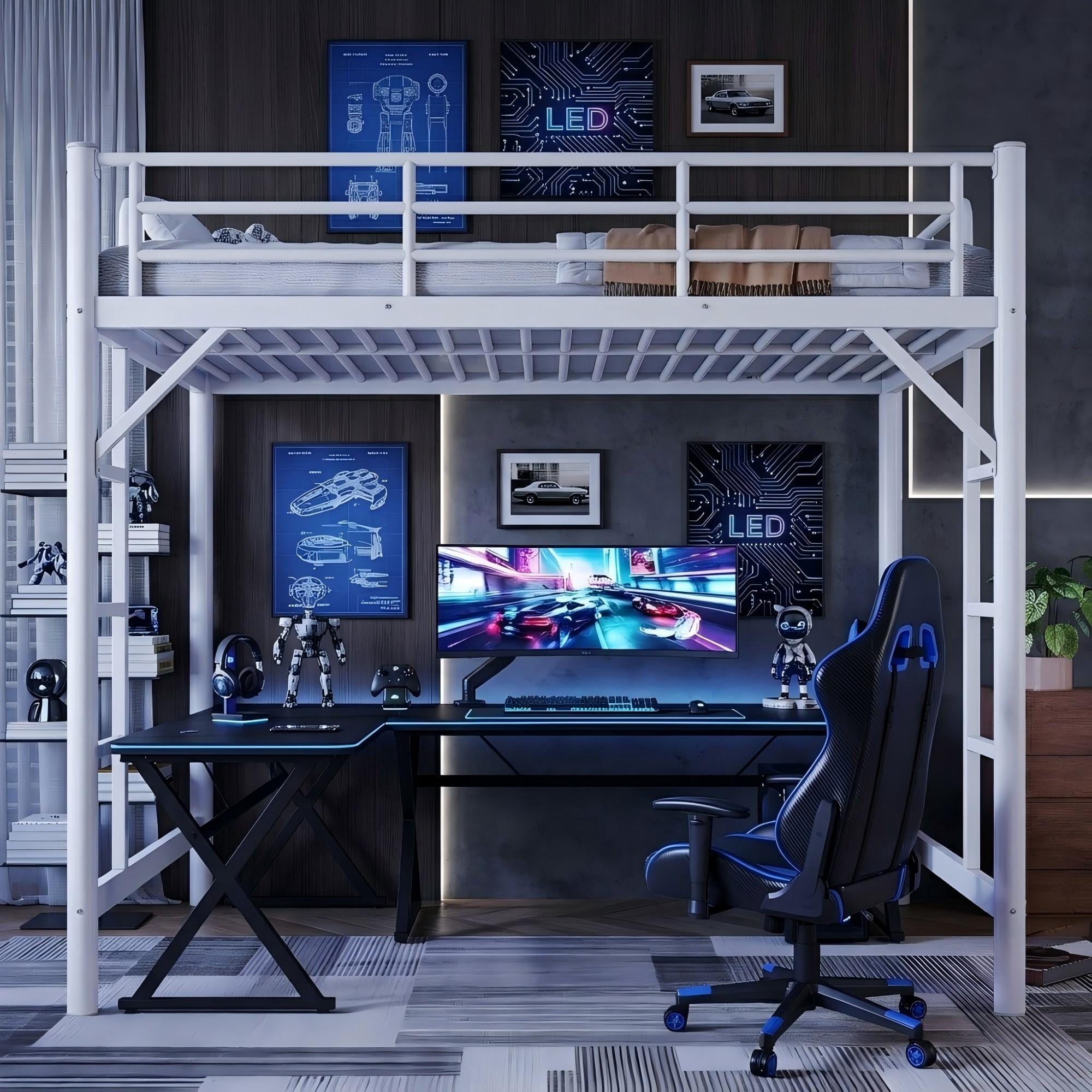 Aukfa Metal Twin Loft Bed with Dual Ladders, Space Saving Bed Frame for Kids, Teens & Dorm Bedroom, White