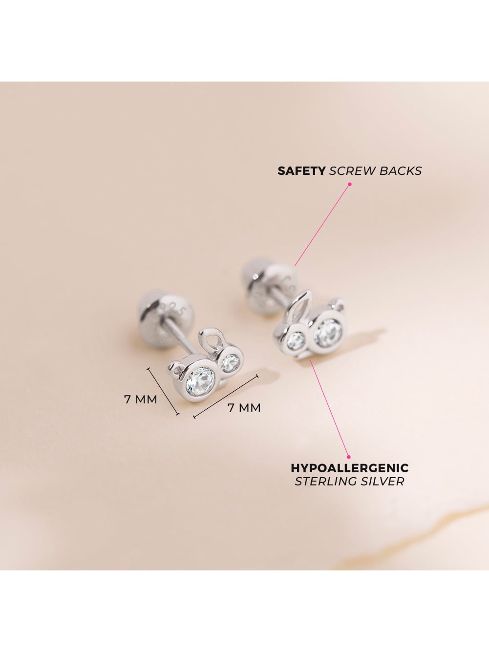 CZ Bunnies Baby / Toddler / Kids Earrings Screw Back - Sterling Silver