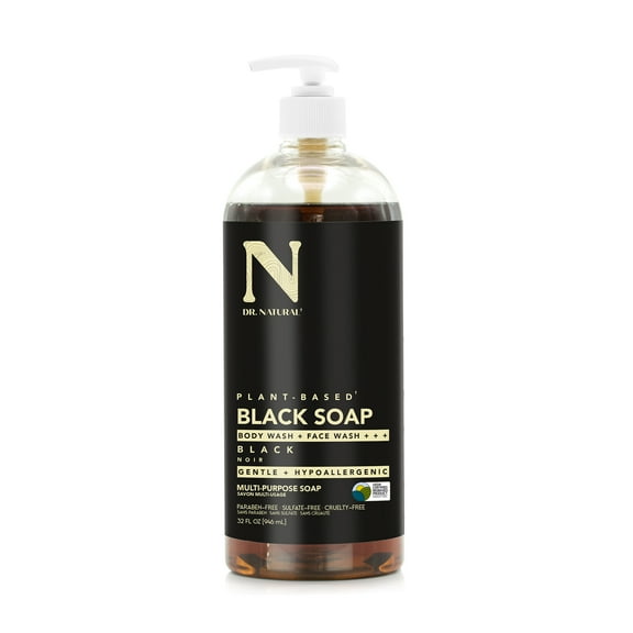 Dr. Natural Pure Black Soap, Natural All-Purpose Liquid Castile Soap, 32 oz. with Pump