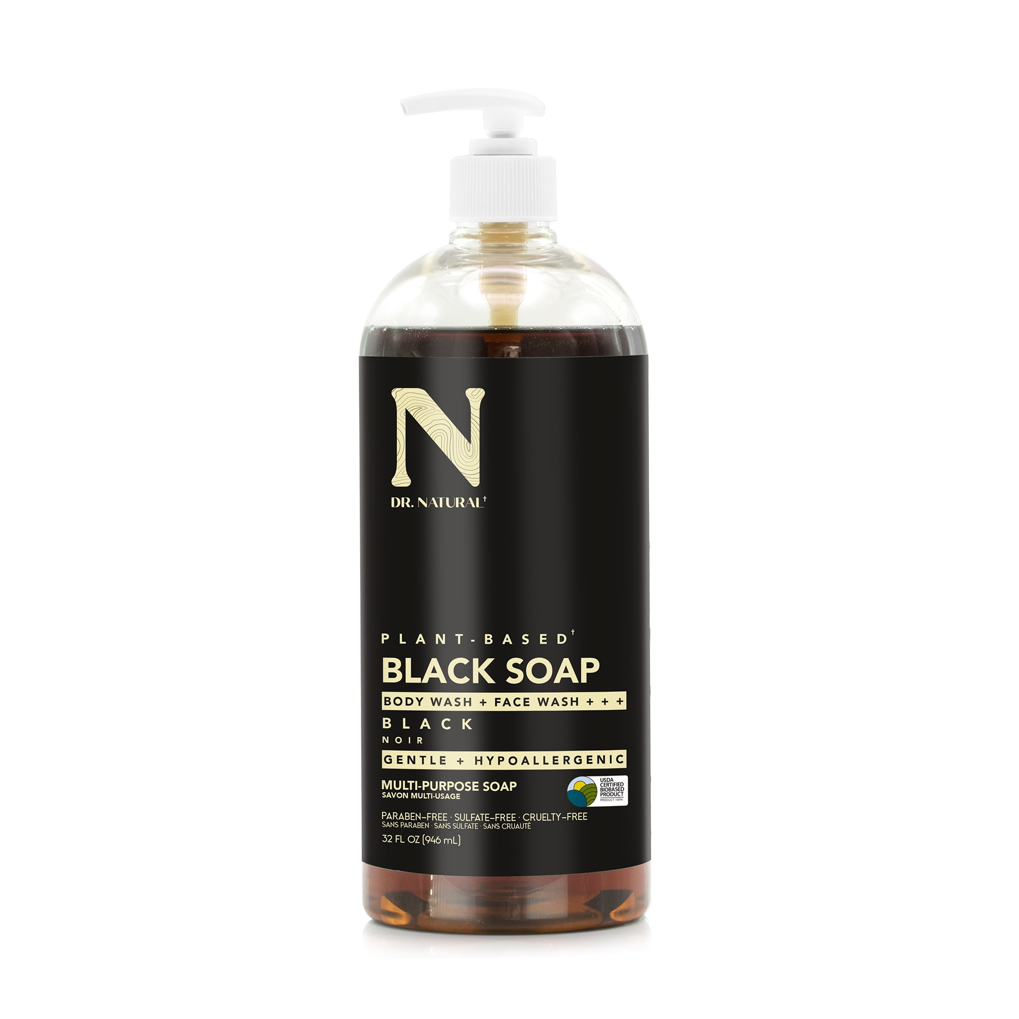 Dr. Natural Pure Black Soap Liquid Castile Soap with Pump, 32 fl oz