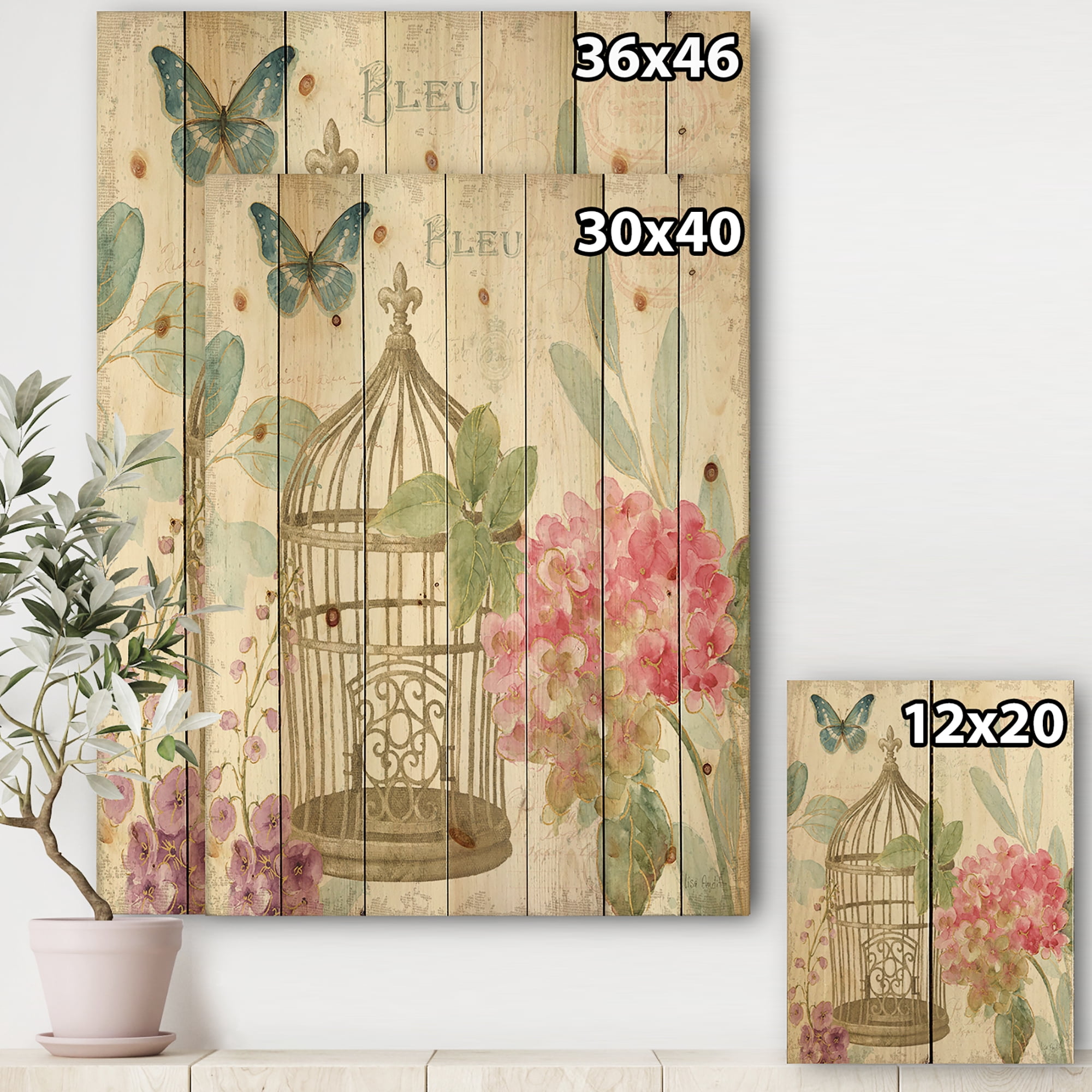 Designart 'Traditional Floral Birdcage I' Traditional Print on Natural Pine Wood