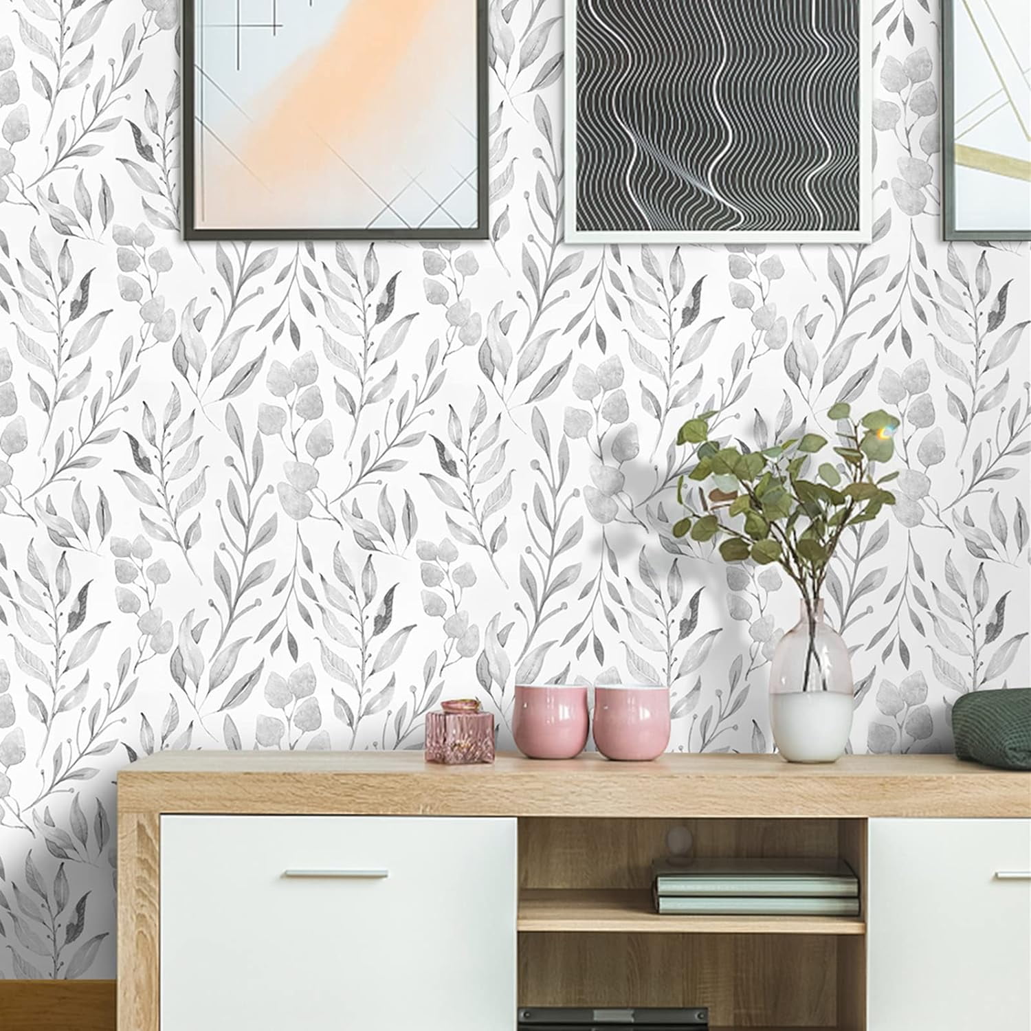 DAZLUTE Peel and Stick Wallpaper Floral Wallpaper Gray Leaf Self Adhesive Wallpaper,17.7 in x 590 in