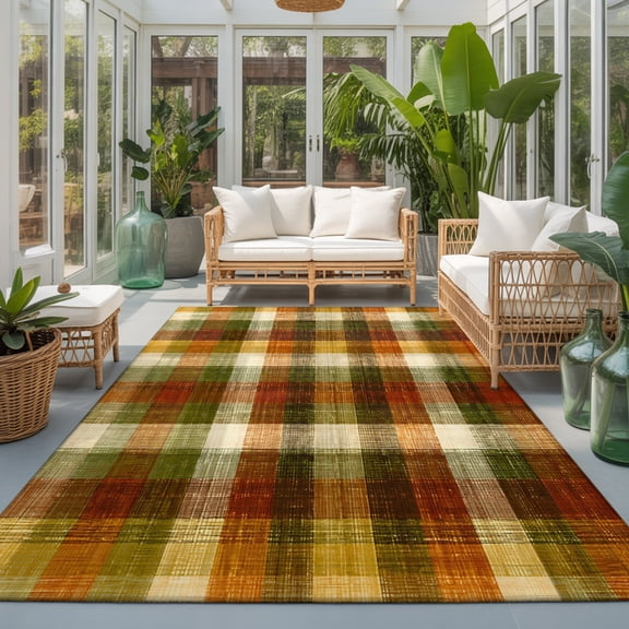 Orange Green Plaid Washable Living Room Rugs 6'x9', Rustic Warm Palette Terracotta Sage Gingham Plaid Washable Throw Large Area Rug Non-Slip Sturdy Edge Binding Carpet for Dining Room Kitchen Office
