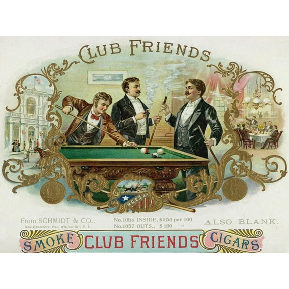 Art.com Club Friends Brand Cigar Box Label, Billards Art Print by Lantern Press, 16" x 12"