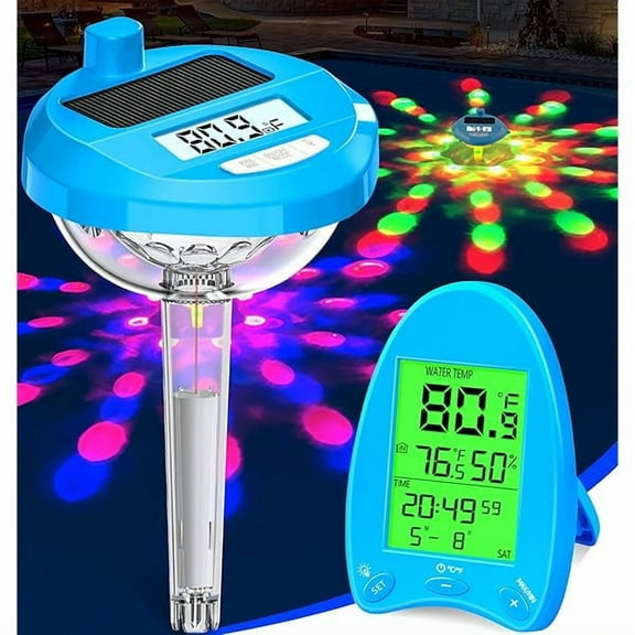 ZLC2025 Wireless Pool Thermometer Solar-Powered | Dynamic LED Light Show & Dual Backlit Display - Easy Read, 650FT Wireless Transmission | Floating Pool Water Temperature Gauge for Pools & Spas