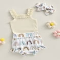thumbnail image 4 of Toddler Girl Summer Clothes Soild Color Ribbed Romper and Rainbow Shorts with Headband 3Pcs Outfits Set Pink 3-6 Months, 4 of 8