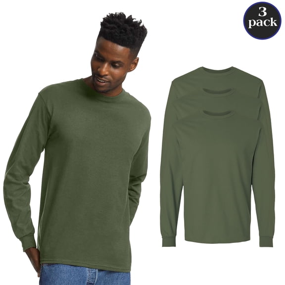 Gildan Men Ultra Cotton Long Sleeve T-Shirt, Rib Collar Crewneck Military Green Bulk Tee, 3-Pack, S