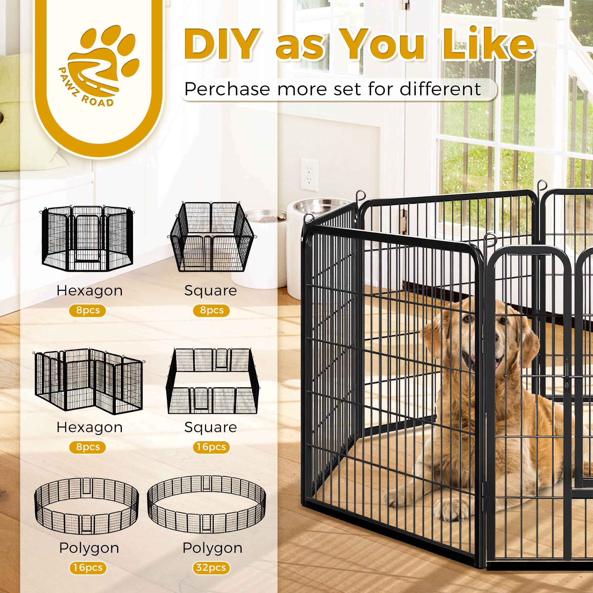 PAWZ Road Dog Crate Heavy Duty for Indoor & Outdoor,40 inch 8 Panels, Metal Dog Playpen for Small Dog RV Camping & Yard, Black