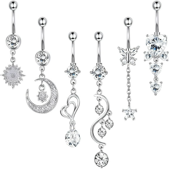 DESIGNICE 6 Pieces 14G Belly Button Rings Steel Long Dangle Navel Ring CZ Body Piercing Jewelry
