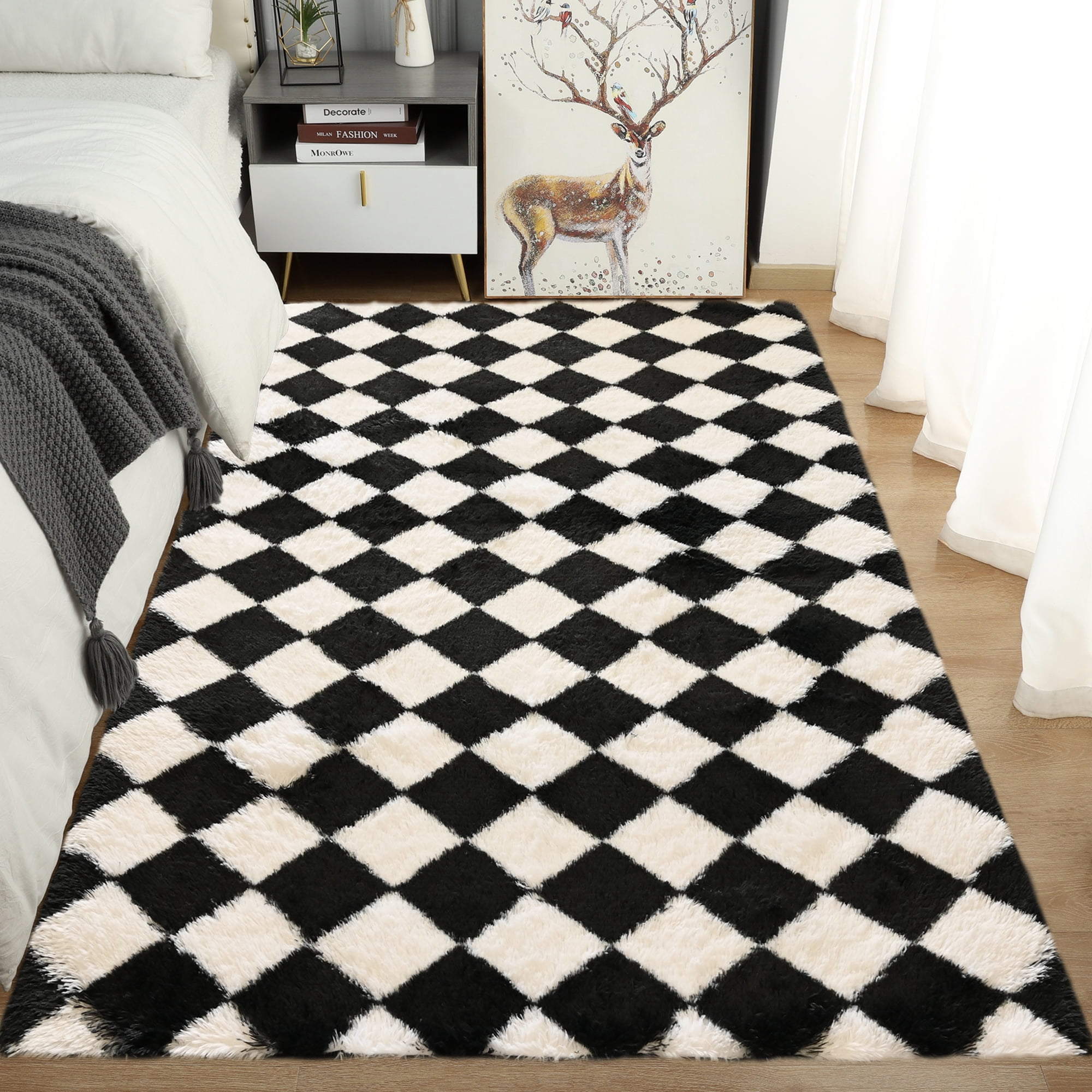 Pentantan 5’x 8’ Shag Area Rugs, Soft Fluffy Modern Checkered Indoor Carpet for Living Room Bedroom, Black & White
