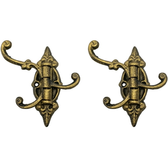 Set of 2 Rustic Cast Iron Swivel Wall Coat Hooks (Victorian Antique Gold)