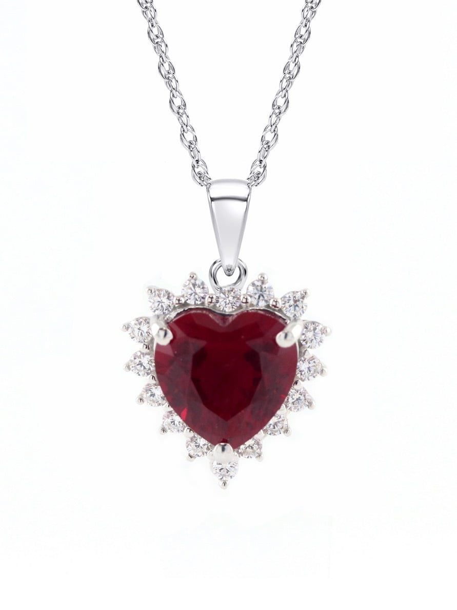 Unbrand - Sterling Silver Created Ruby and Cubic Zirconia Heart Pendant ...