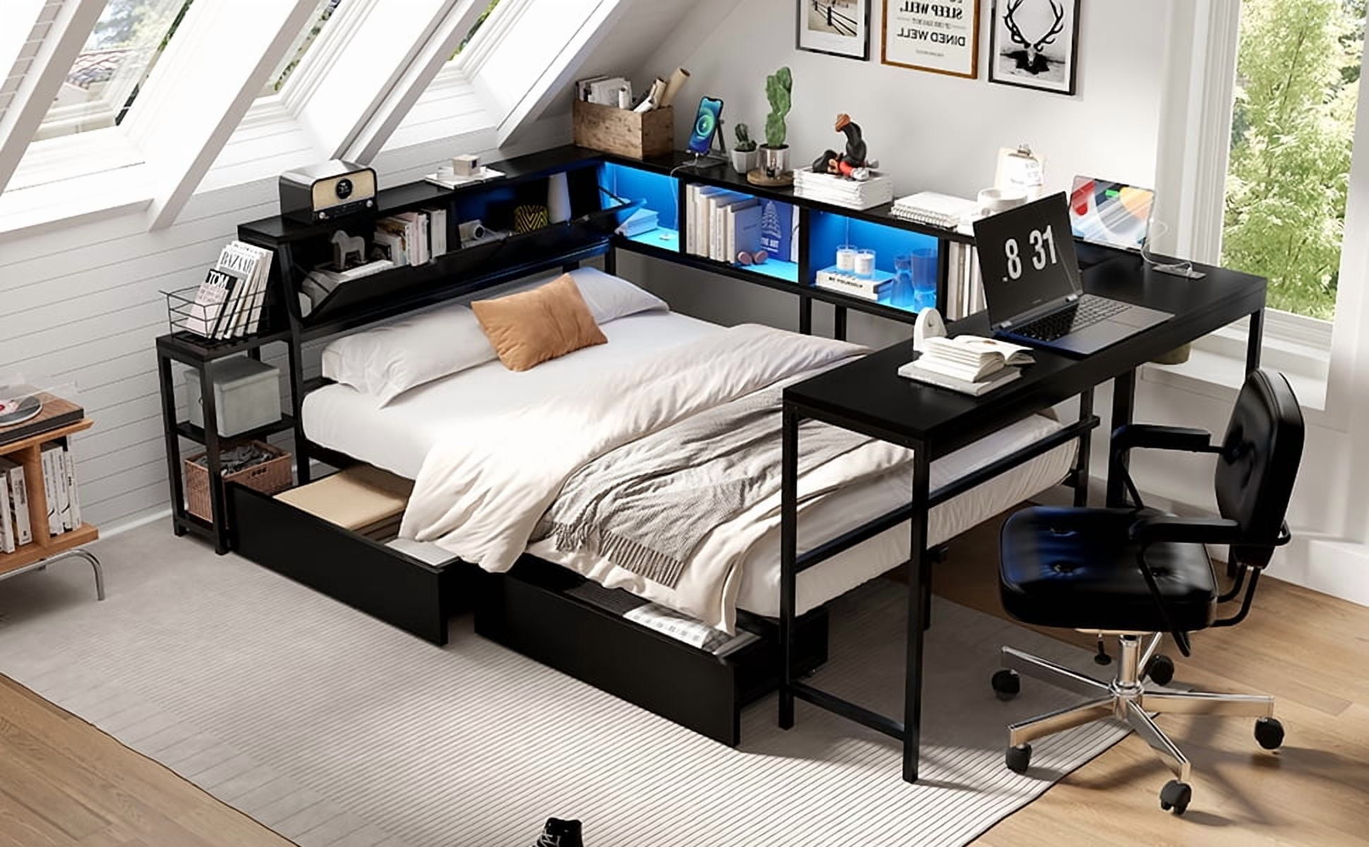 Mintazer Full Corner Bed Frame with Desk & Bookcase Headboard, Platform Bed Frame with LED Lights & Charging Station and 2 Drawers for Bedroom Living Room, Black