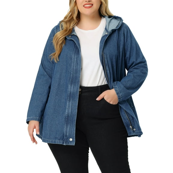 Unique Bargains Women's Plus Size Layered Drawstring Hood Denim Utility Jacket
