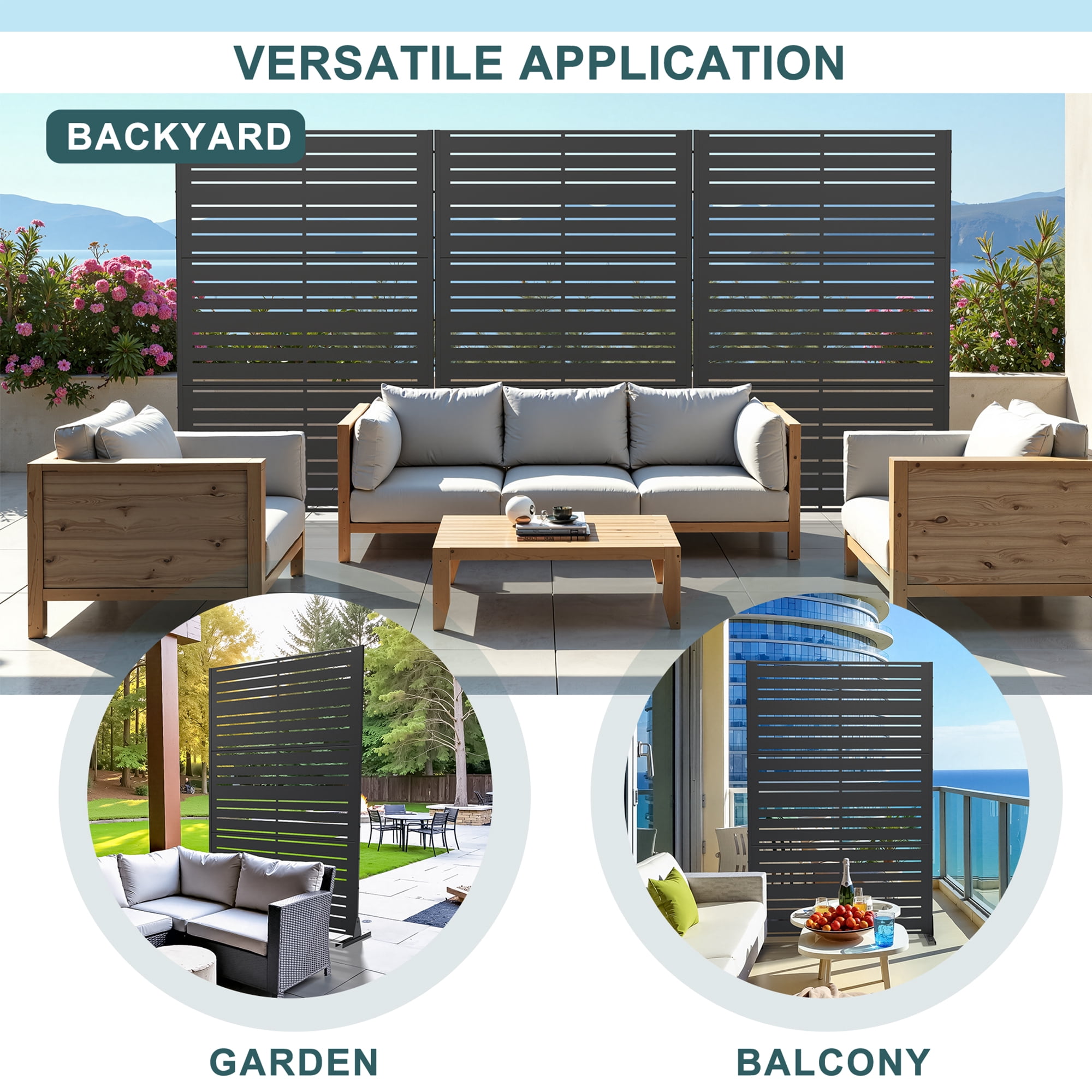 MAYEERTY 72"x47" Outdoor Privacy Screen Freestanding Metal Room Dividers Balcony Decorative Screen,Black