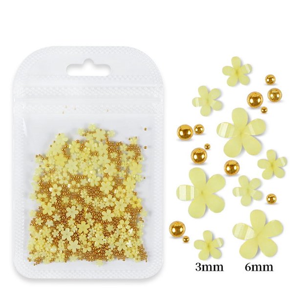 Bolsa de joyería con flores de cinco pétalos para decoración de uñas Joyería de flores acrílicas blancas y rosas con cuentas de oro y plata Flor de resina
