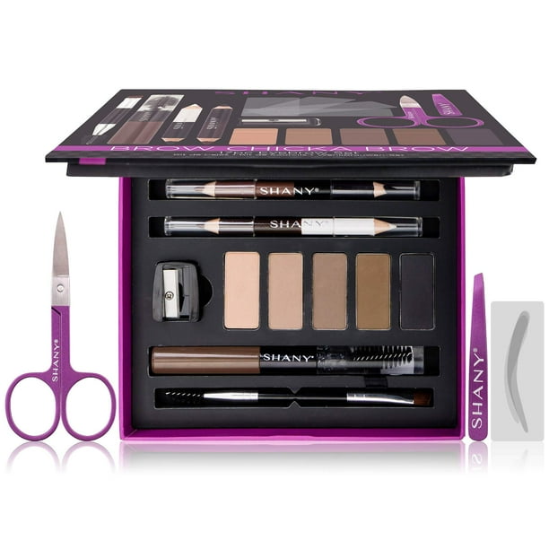 SHANY Brow Chicka Juego de cejas para cejas - Kit de maquillaje para cejas de 17 piezas con polvo para cejas Gel para cejas Lápices de doble punta Plantillas Tijeras y pinzas - Todos los colores de ca
