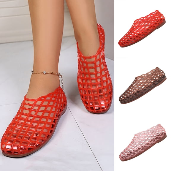 Miluxas Women's Breathable Mesh Jelly Flats, Lightweight Hollow-Out Slip-On PVC Shoes, Quick-Dry Summer Sandals for Pool ,Beach Red 8.5(41)
