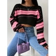 thumbnail image 4 of Striped Boat Neck Pullover, Elegant Lantern Sleeve Drop Shoulder Midriff-Baring Sweater, Women's Clothing, 4 of 6