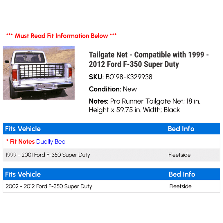 Tailgate Net - Compatible with 1999 - 2012 Ford F-350 Super Duty 2000 2001  2002 2003 2004 2005 2006 2007 2008 2009 2010 2011 