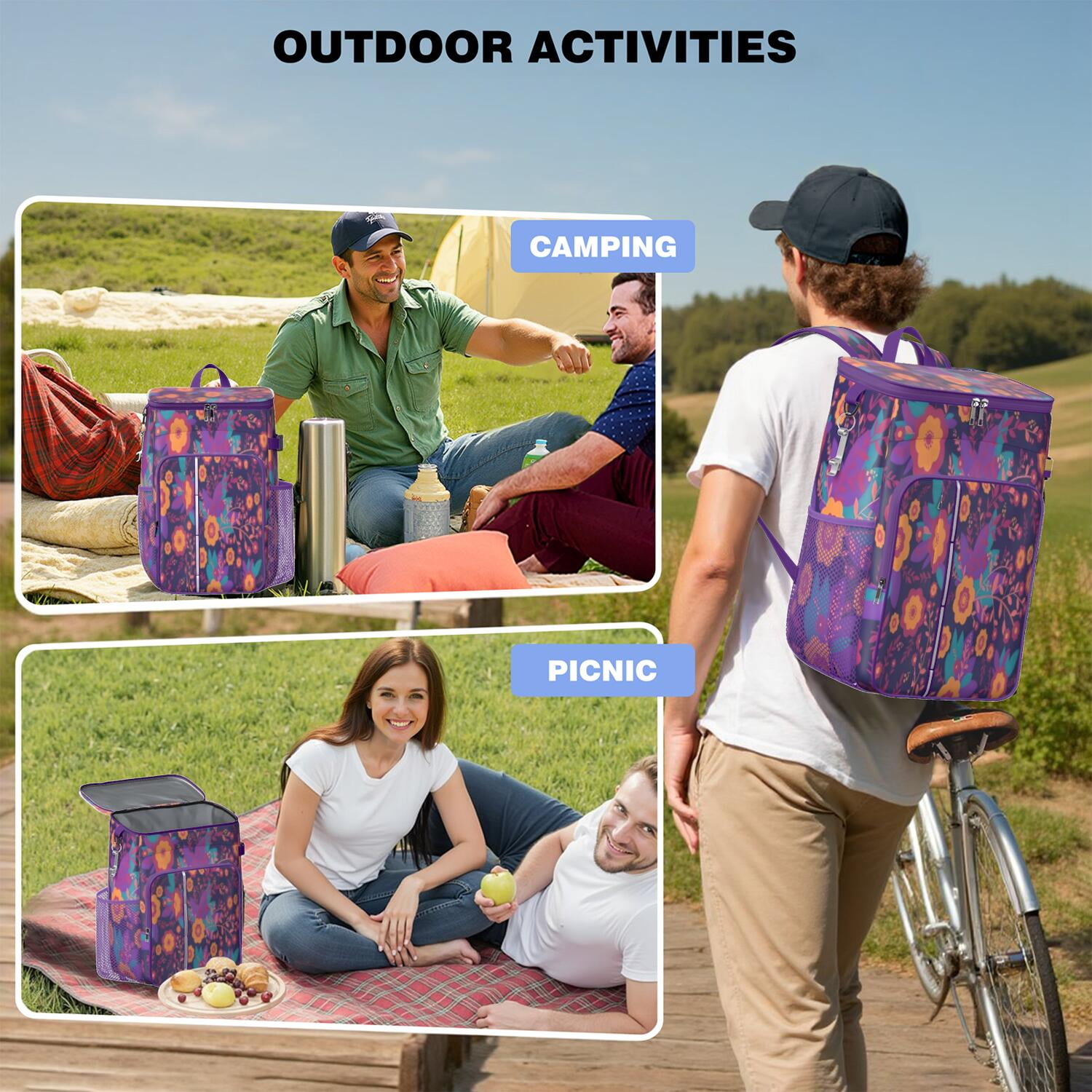 Travel Cooler Bag - Pioneer Flower Floral Print Pattern Camping Beer Cooler Backpack with Bottle Opener- Waterproof Insulated Picnic Backpacks - Cooler Bag for Beach
