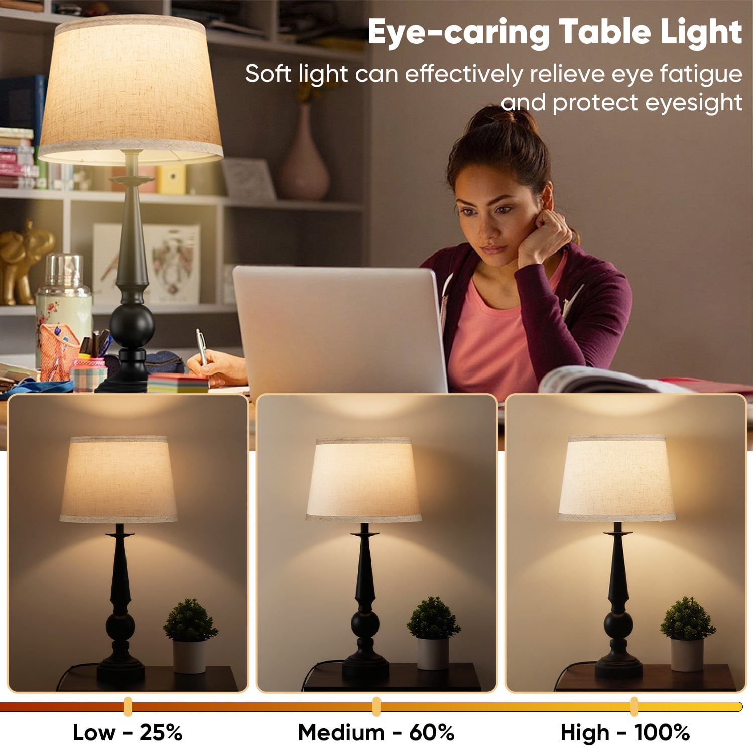 Walchoice Table Lamp Set of 2, Farmhouse Traditional Bedside Lamps with 2 USB Charging Ports, Dimmable Touch Nightstand Lamps for Bedroom Living Room, Rustic Metal Base & Fabric Linen Shade