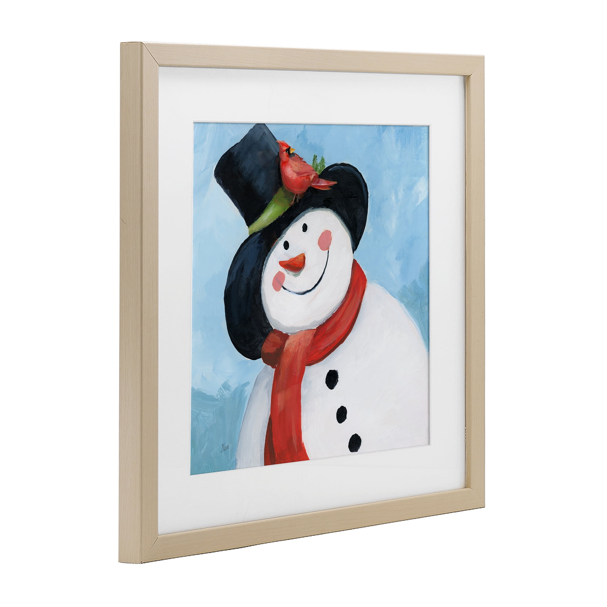 Stupell Industries Cheerful Snowman with Cardinal Birch Framed Print Under Glass, design by Nan