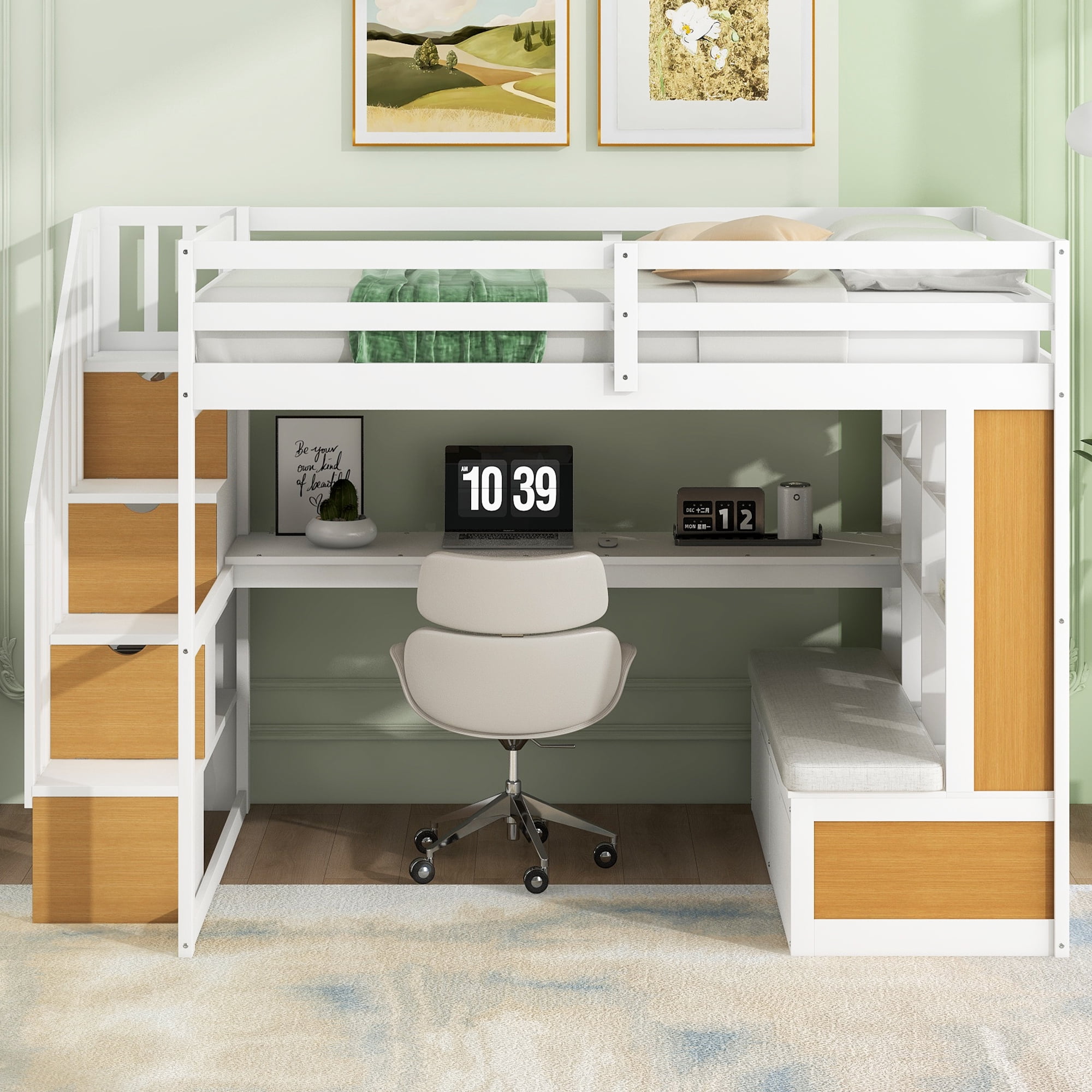 Euroco Modern Wood Full Size Loft Bed with Desk and Shelves, Storage Staircase and Drawers for Kids Teens, Wood