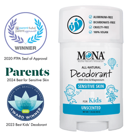 MONA UNSCENTED 100% Natural Deodorant for Kids, Preteens & Teens | Hypoallergenic & Vegan | No Baking Soda, Synthetic Scents or Aluminum | Safe for Kids with Sensitive Skin | (UNSCENTED 1.76 Oz)