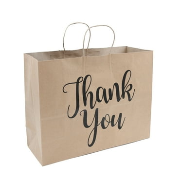 Large Kraft Thank You Paper Shopping Bags - 16”L x 6”D x 12”H - Case of 100