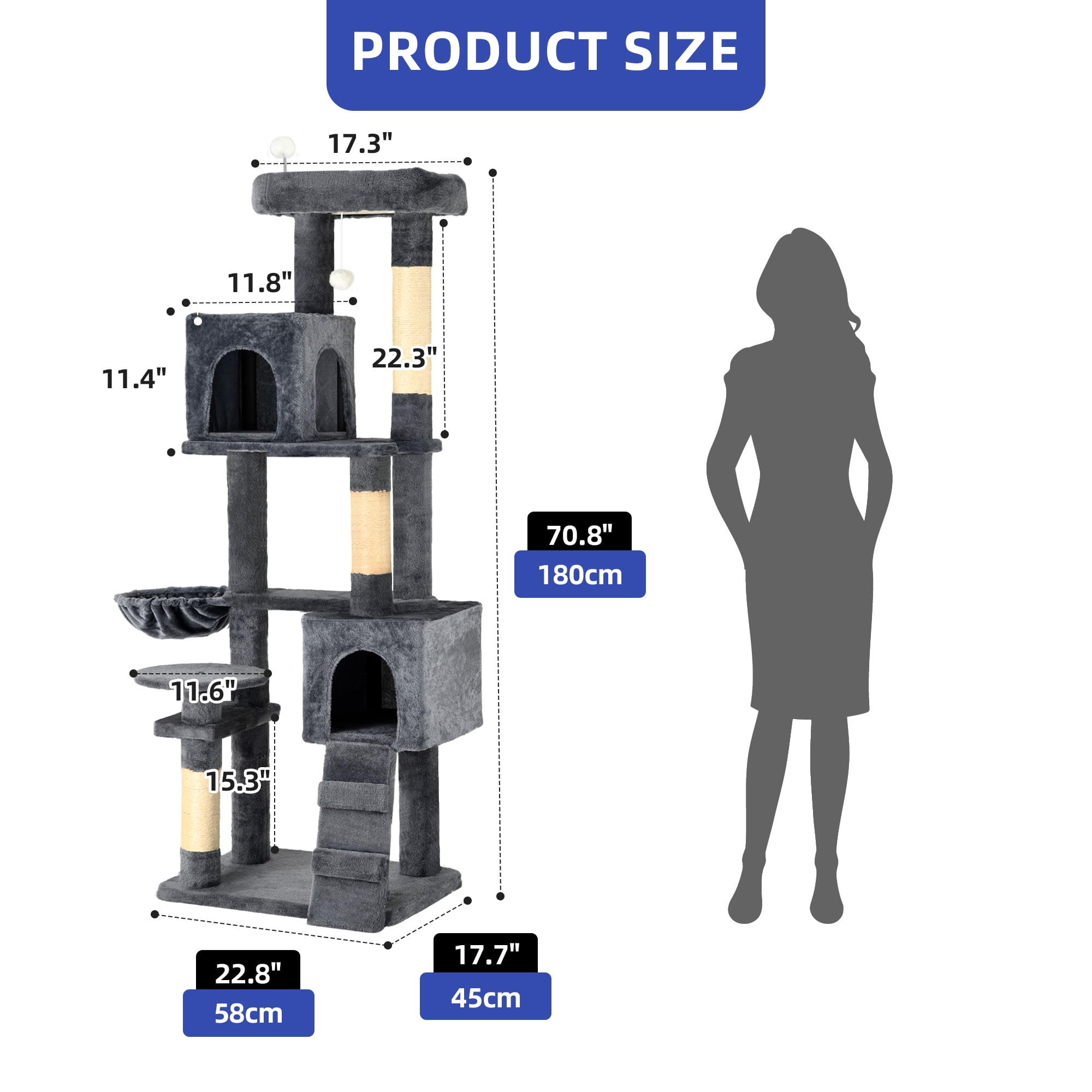 ModFusion Deluxe Multi-Level Cat Tree Tower with Scratching Posts, Hammock, and Condos - 70.8" Tall, Dark Gray