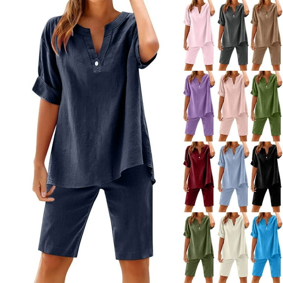 Horkkom Linen Sets for Women 2 Piece Summer Vacation Outfits Lounge Sets V Neck Short Sleeve Shirts Elastic Waist Shorts Two Piece Sets Blue S