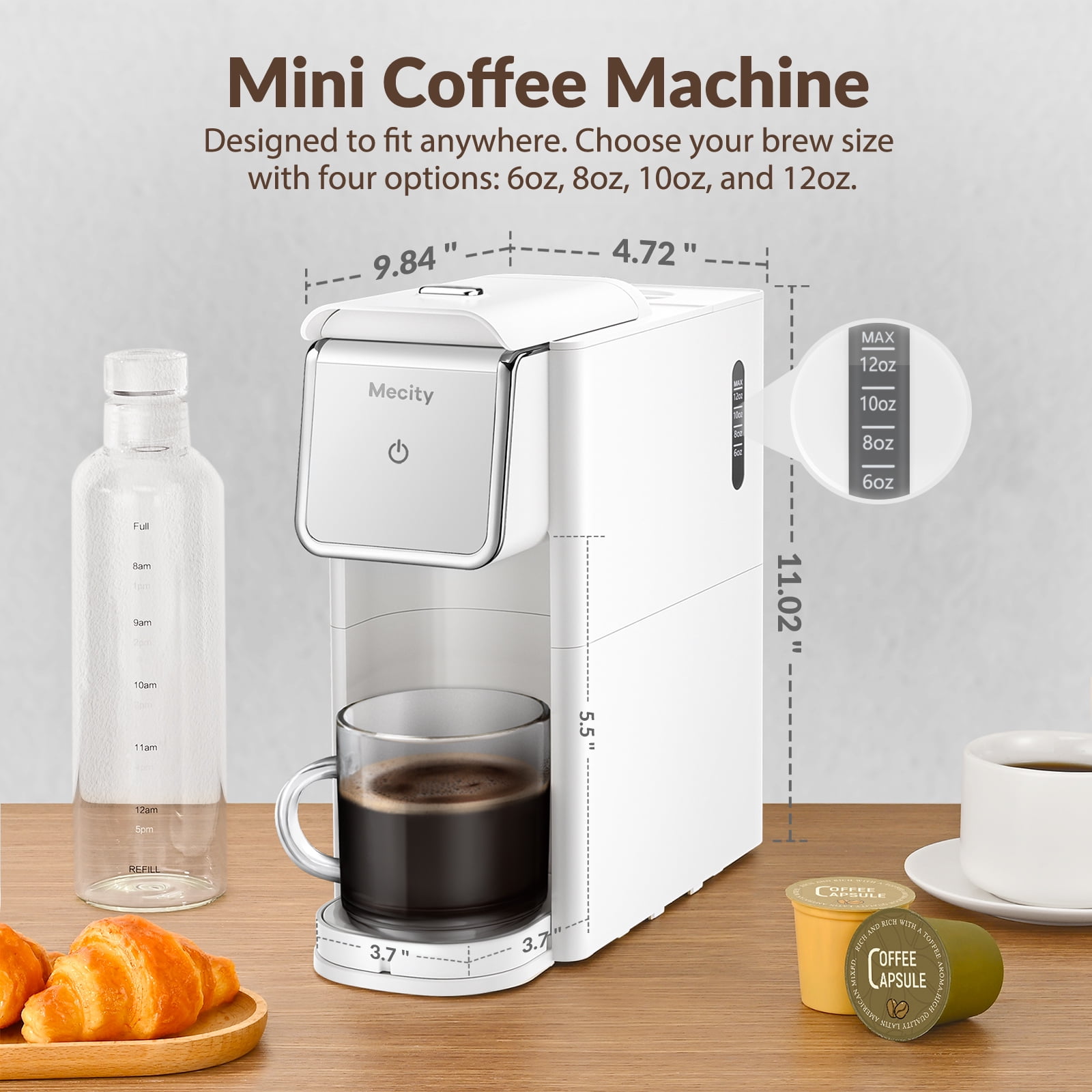 Mecity Mini Coffee Maker - Single Serve for K-Cup, Ground Coffee & Loose Tea, 6-12 Oz Brew Sizes, Includes Water Window & Descaling Mode, White