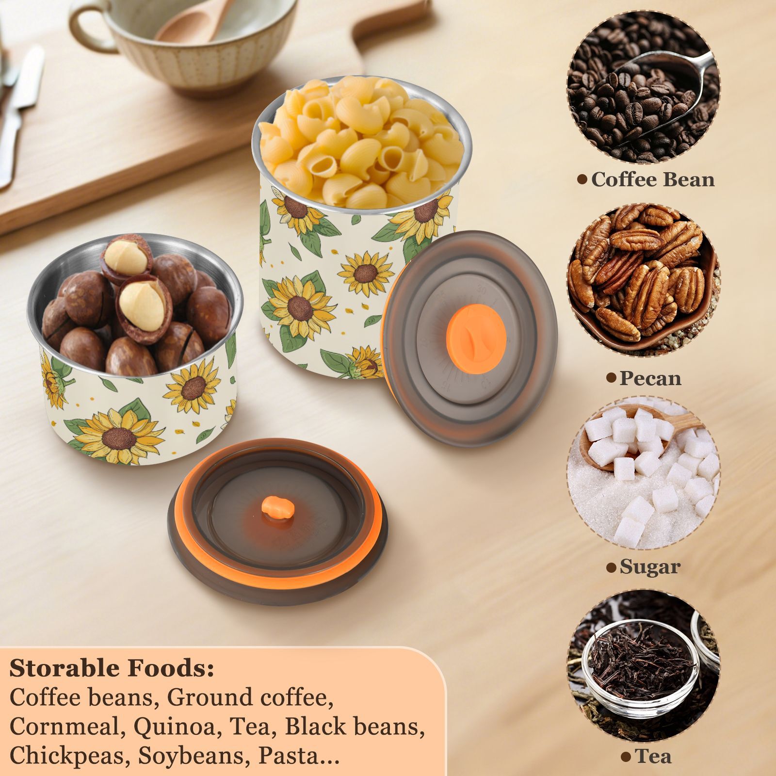 Retro Sunflower Airtight Coffee Bean Canister 30oz Food Storage Containers with Lids For Gournd, Tea, Sugar, Flour, Rice, Cereal, Candy Cookie Jar
