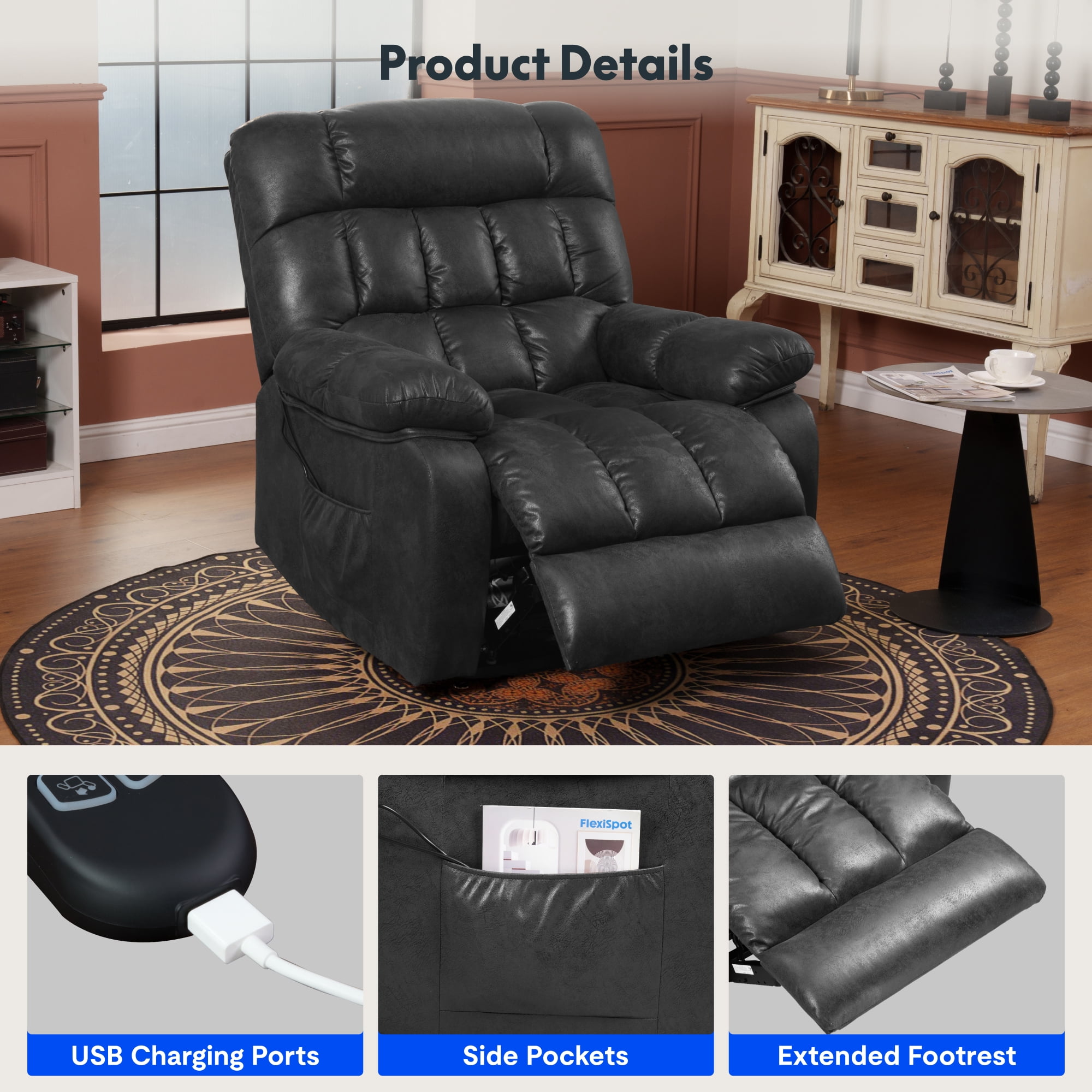FLEXISPOT Dual Motor Power Lift Recliner Chair for Elderly with Massage and Heat, Oversized Lay Flat Sleeping Recliner with USB Charging Ports, Dark Gray