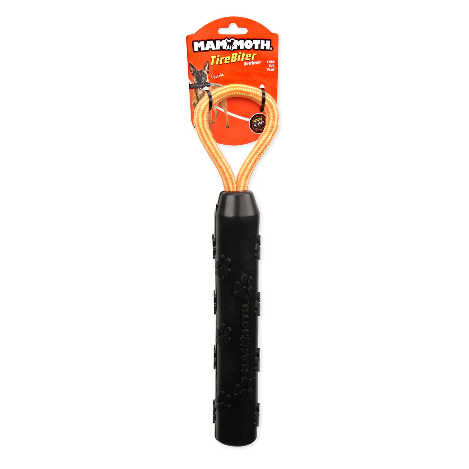 Mammoth TireBiter Advanced Retriever Rubber Dog Toy w/Cottonblend Assorted Color Loop Rope Handle, 11"