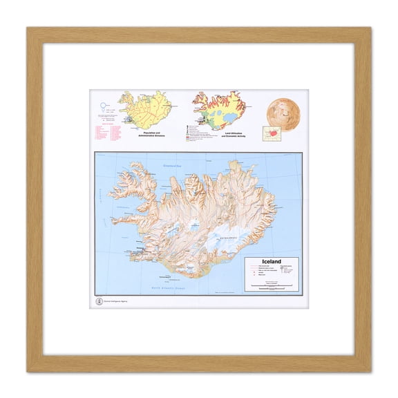 Map Political Cia 1973 Iceland Information Old Reproduction 8X8 Inch Square Wooden Framed Wall Art Print Picture with Mount