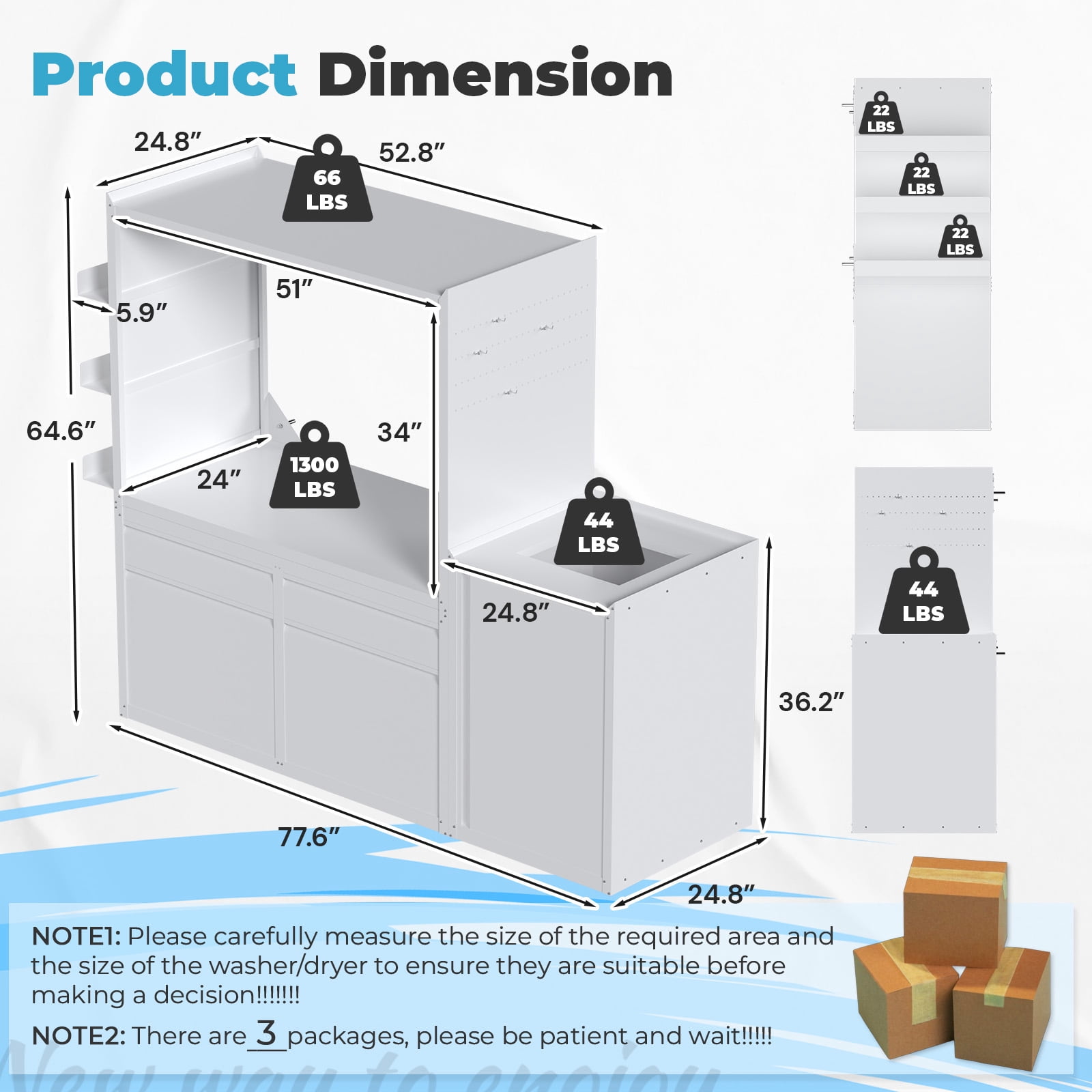 AECOJOY Laundry Pedestal with Sink Cabinet for 2 Washers and Dryers, 1300LBS Heavy Duty Universal Anti-Vibration Stand Base Raiser with Drawers, Hooks & Storage Cabinets,White