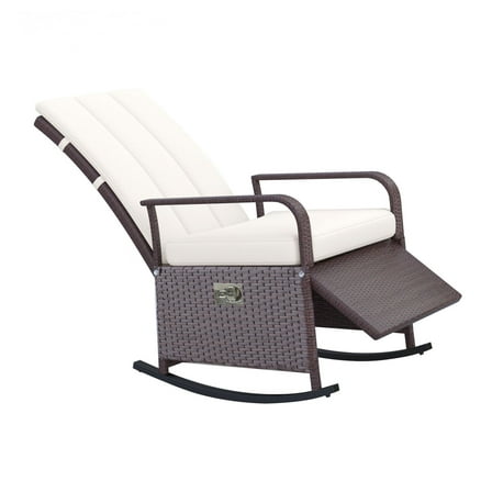 COCOKUN Rattan Wicker Rocking Chair, Cream Outdoor Patio Recliner with Soft Cushion and Adjustable Footrest, Comfortable Rocker for Deck and Garden