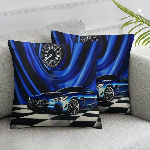 Acheng  Blue Race Car Pillow Covers,Glitter Ombre Line Art Throw Pillow Covers Neon Light Sports Car Dashboard Decorative Pillow Covers,Black White Grid Plaid Cushion Cases Set of 2 White
