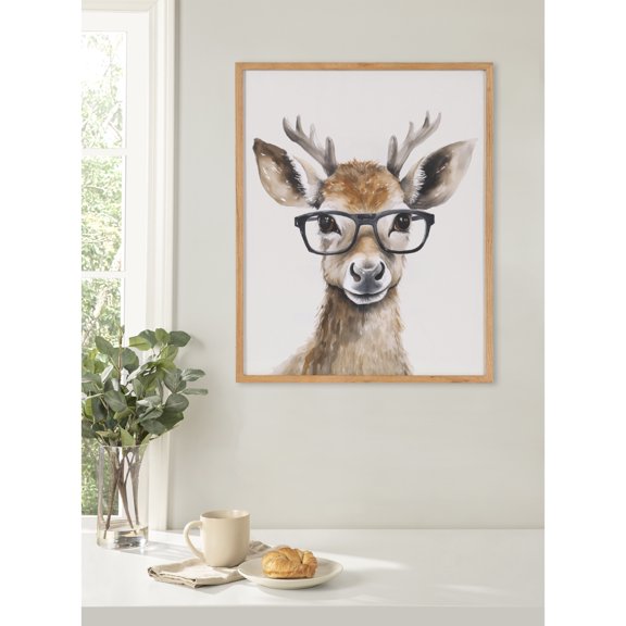 Kate and Laurel Cute Deer Wearing Glasses Framed Wall Art by The Creative Bunch Studio, 16x20 Natural, Adorable Animal Art for Wall