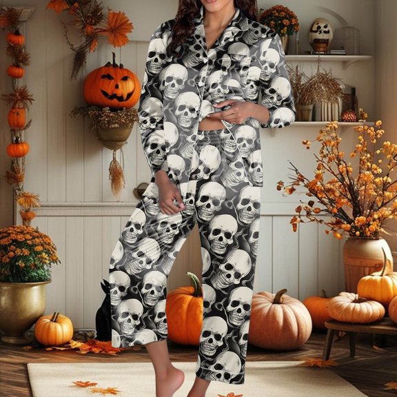 Halloween Pjs Women Long Sleeve Button Graphic Shirt Long Pants Casual Sleepwear Nightwear 2 Piece Pajama Set for Women Grey L