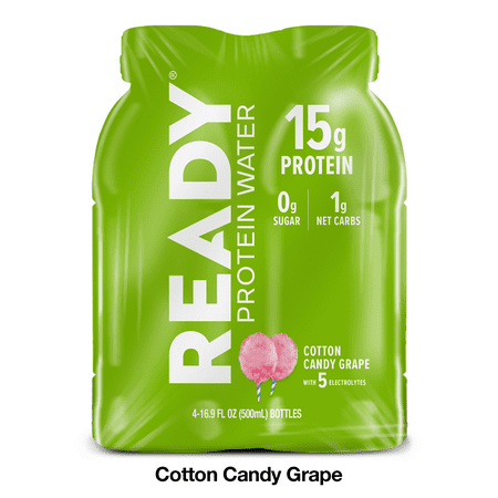 Ready Nutrition Protein Water, Cotton Candy Grape, Sports Drink 16.9 fl oz, 4 Count Bottles