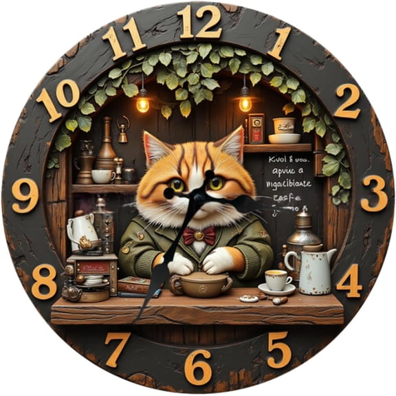 Silent Wooden Cat-Shaped Wall Clock, 8 Inch (20 cm), Model A
