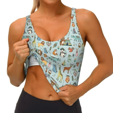 Qokaie Tribal Animals Pattern Womens Scoop Neck Sports Bra Breathable Workout Vest Padded U Back Medium Impact Fitness Gym Yoga Bra Workout Crop Top