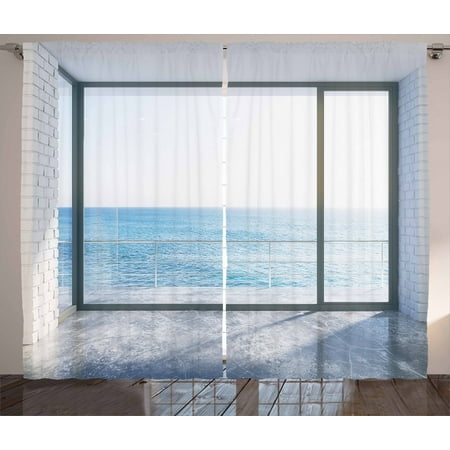 White Curtains 2 Panels Set, Empty Urban Modern Loft Apartment Home with Ocean Sea Sunny Sky View, Window Drapes for Living Room Bedroom, 108W X 108L Inches, Sky Blue White and Black, by Ambesonne