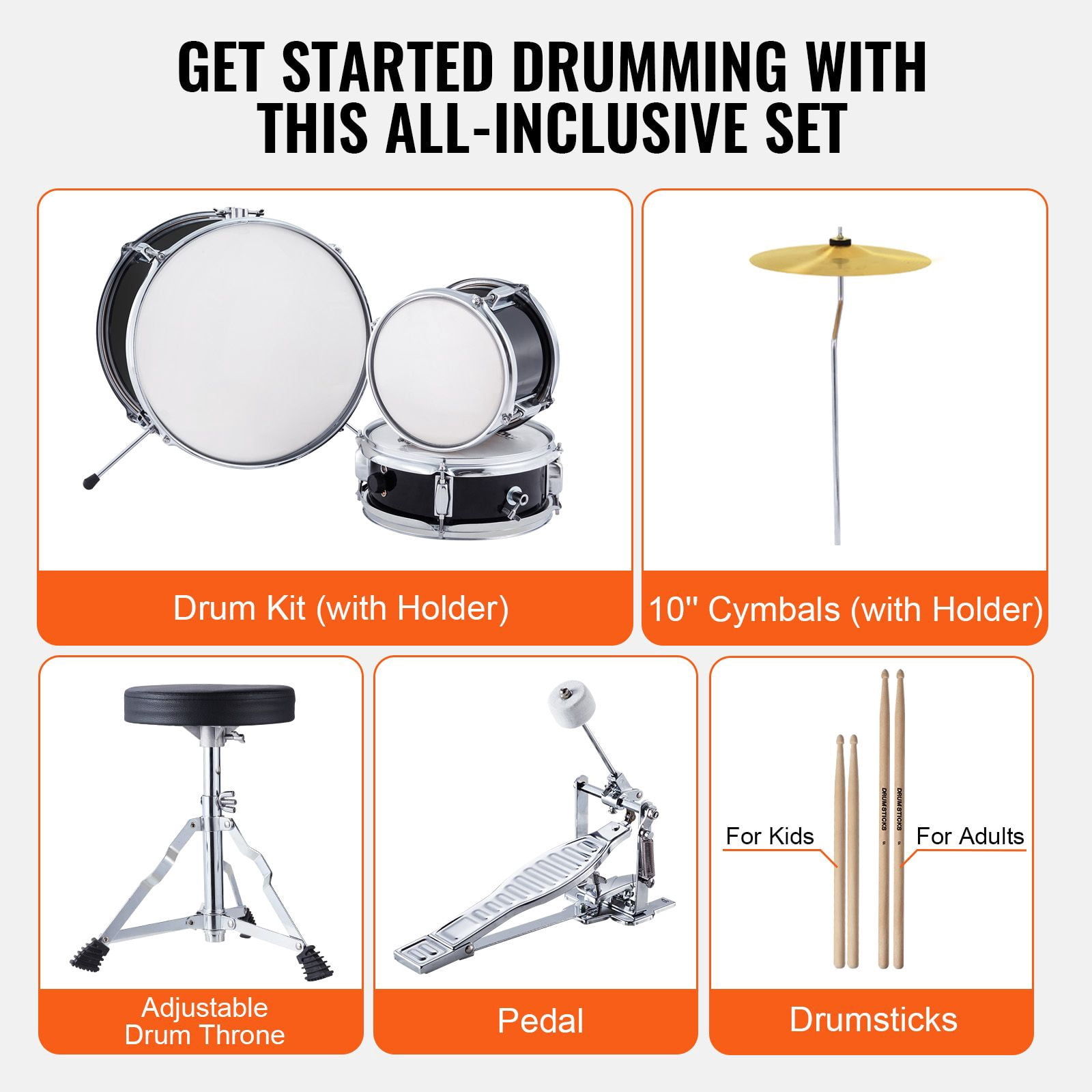 14" Drum Set, 3-Piece Beginner Kit with Adjustable Throne, Cymbal, Pedal&Drumsticks, Perfect Starter Drum Set for Children, Black