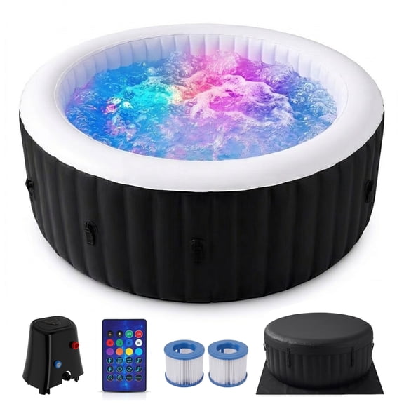 211 Gallon Inflatable Hot Tub 4 Person Round with LED Lights, Portable Outdoor AirJet Hot Tub Spa with 110 Bubble Jets, Filter, Insulated Tub Cover and Floor Protector, Temperature up to 104°F