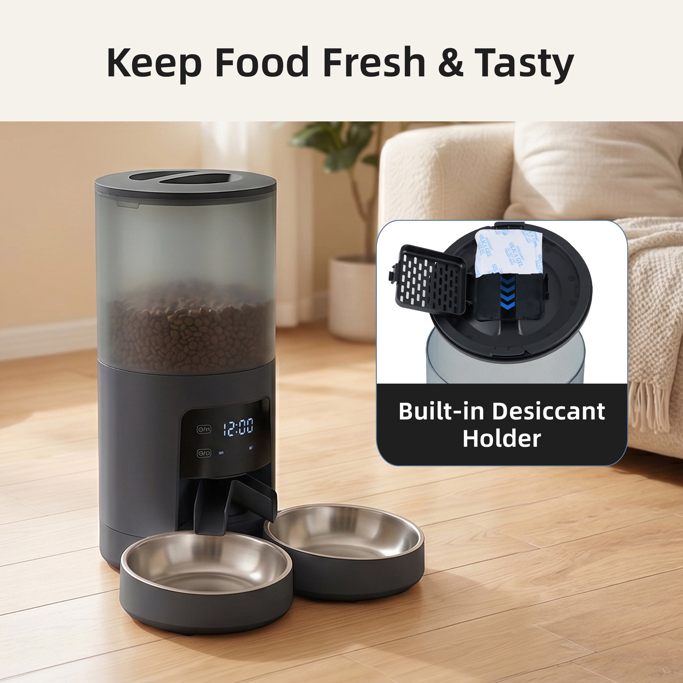 EDX 6L Automatic Cat Feeder for 2 Cats, Timed Cat Food Dispenser with 2 Stainless Steel Bowls, 10s Voice Recorder & Dual Power, Pet Feeder for Cats & Dogs, Black